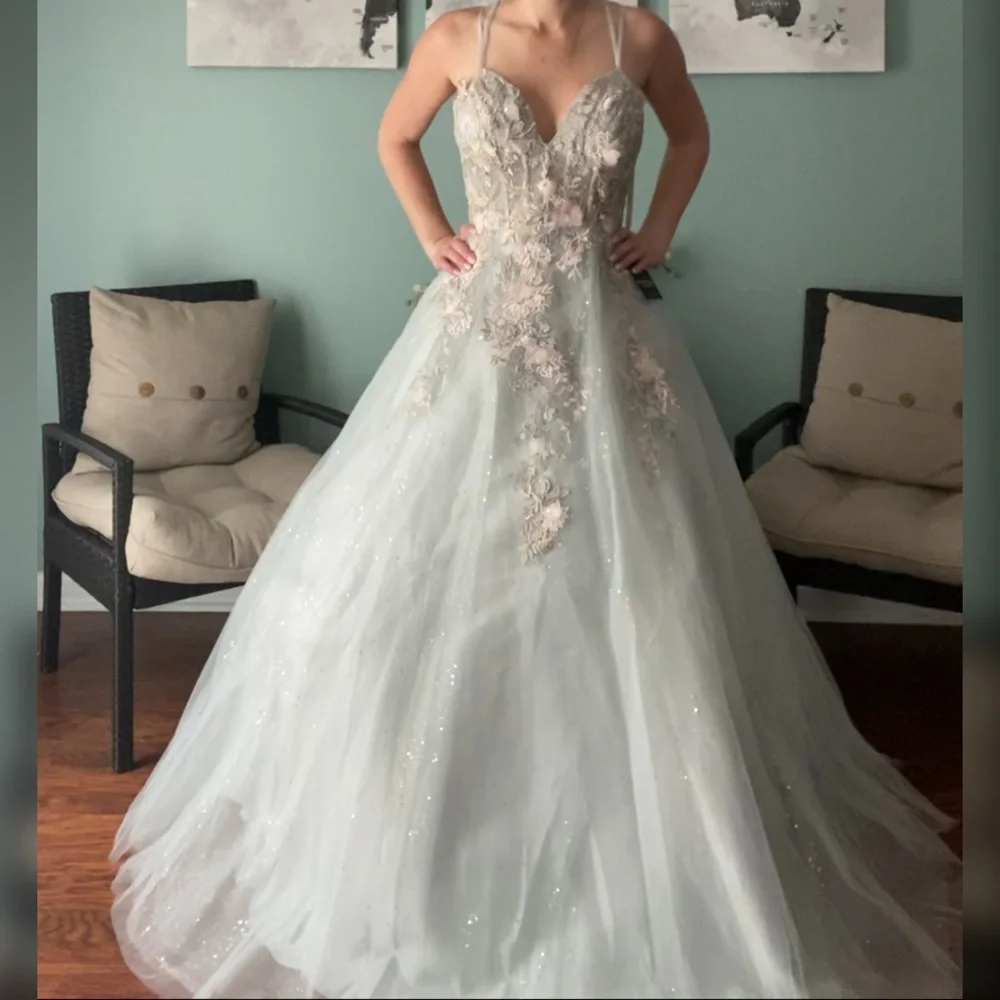 Sage green sparkly a line ball gown or non traditional wedding dress - Picture 2 of 4